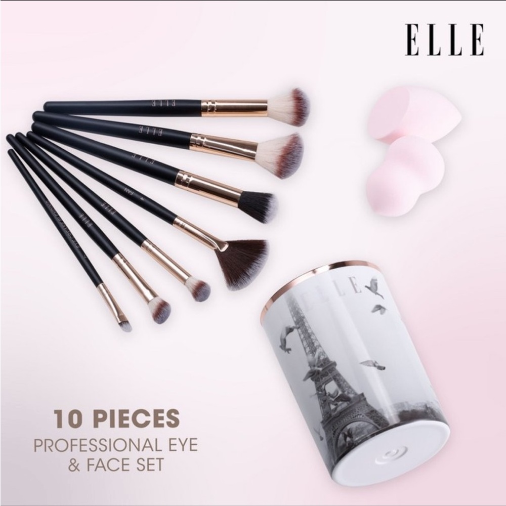 ELLE Makeup Brush Beauty Blender Brush Cup Set NWT
